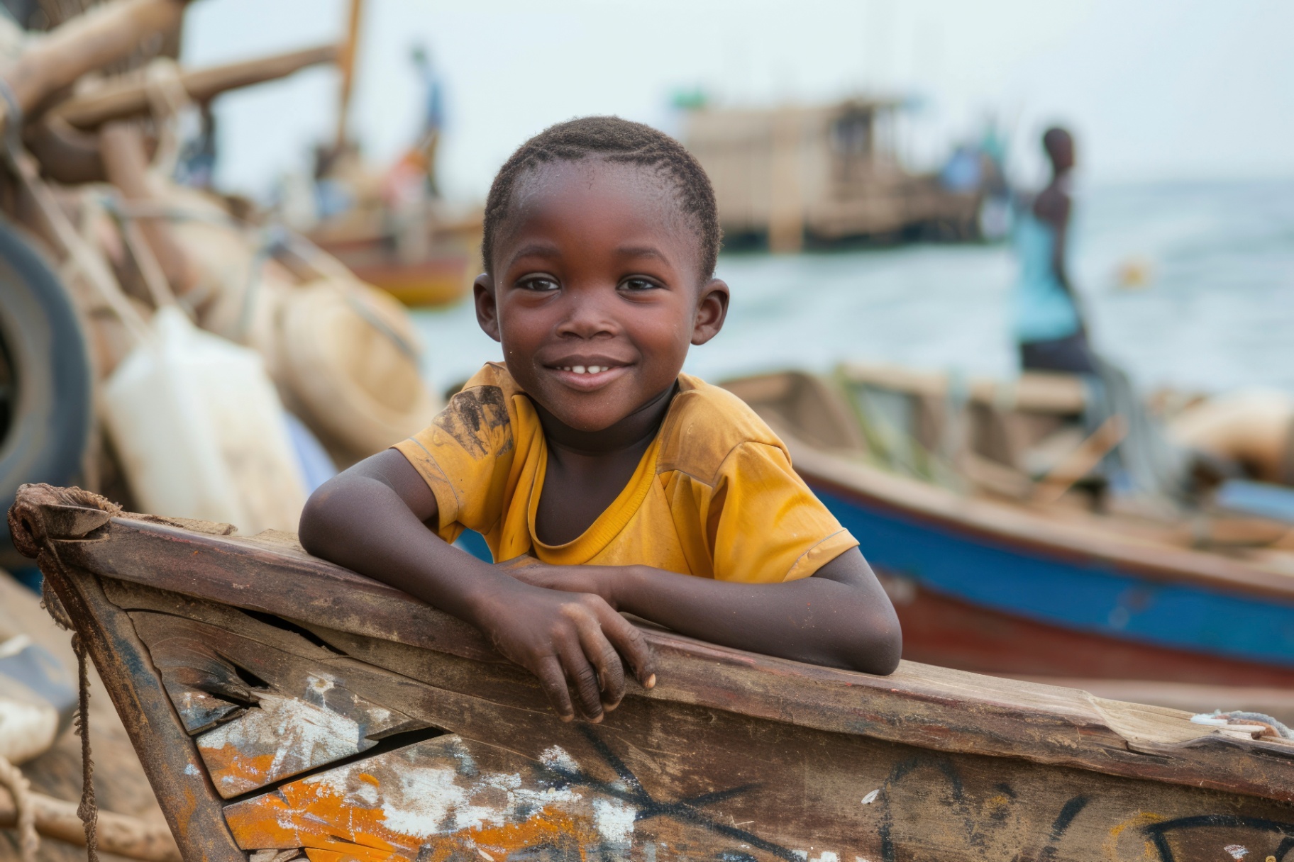 A young boy smiling beside a wooden boat