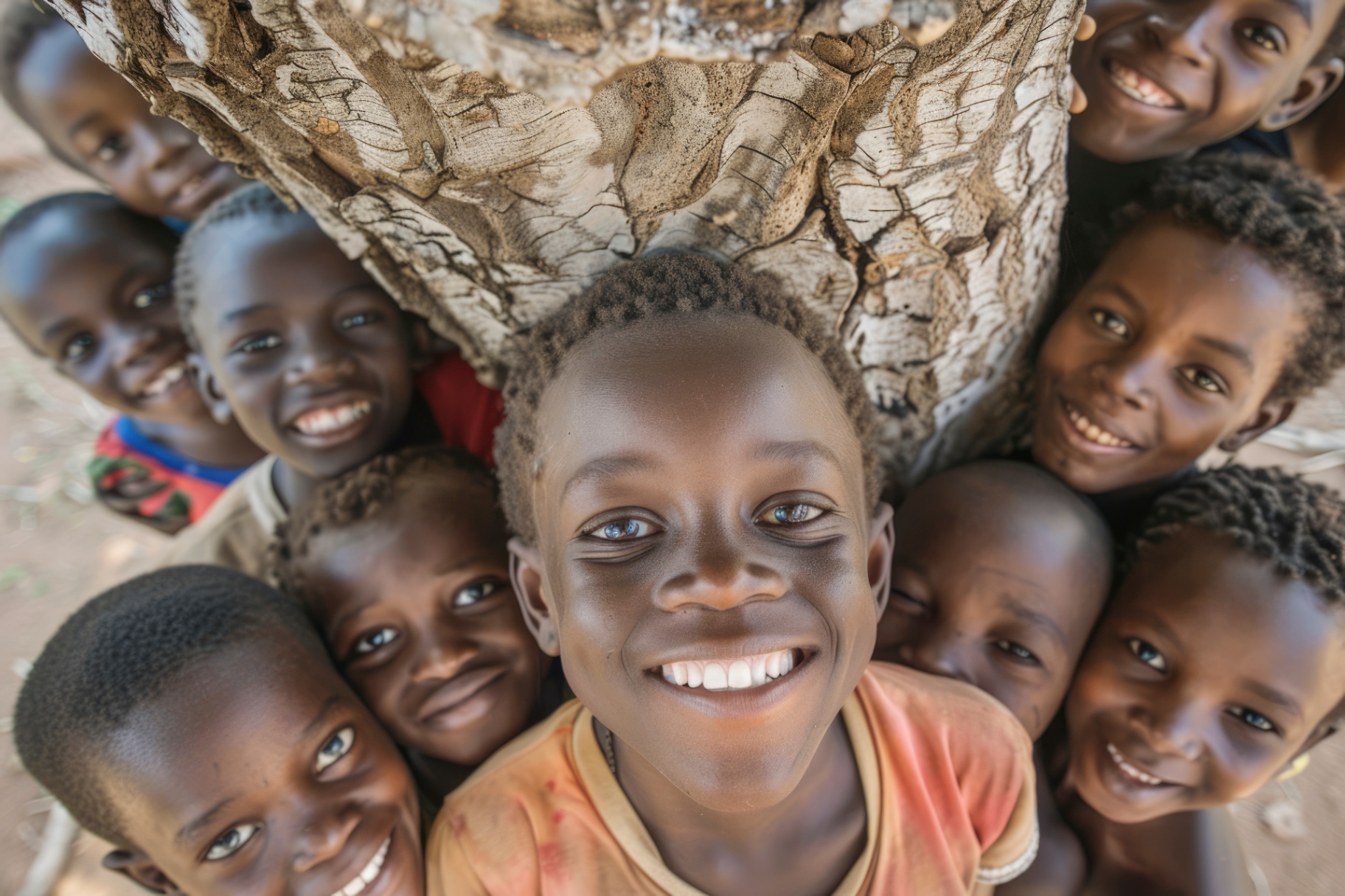 A group of smiling children gathered around a tree